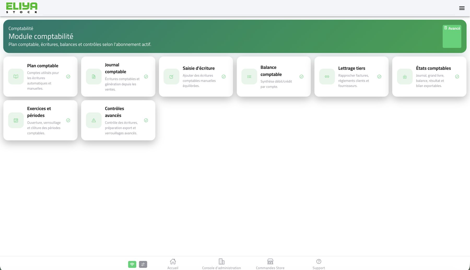 Module comptabilité ELIYA-Stock : journal, écritures, balance et états