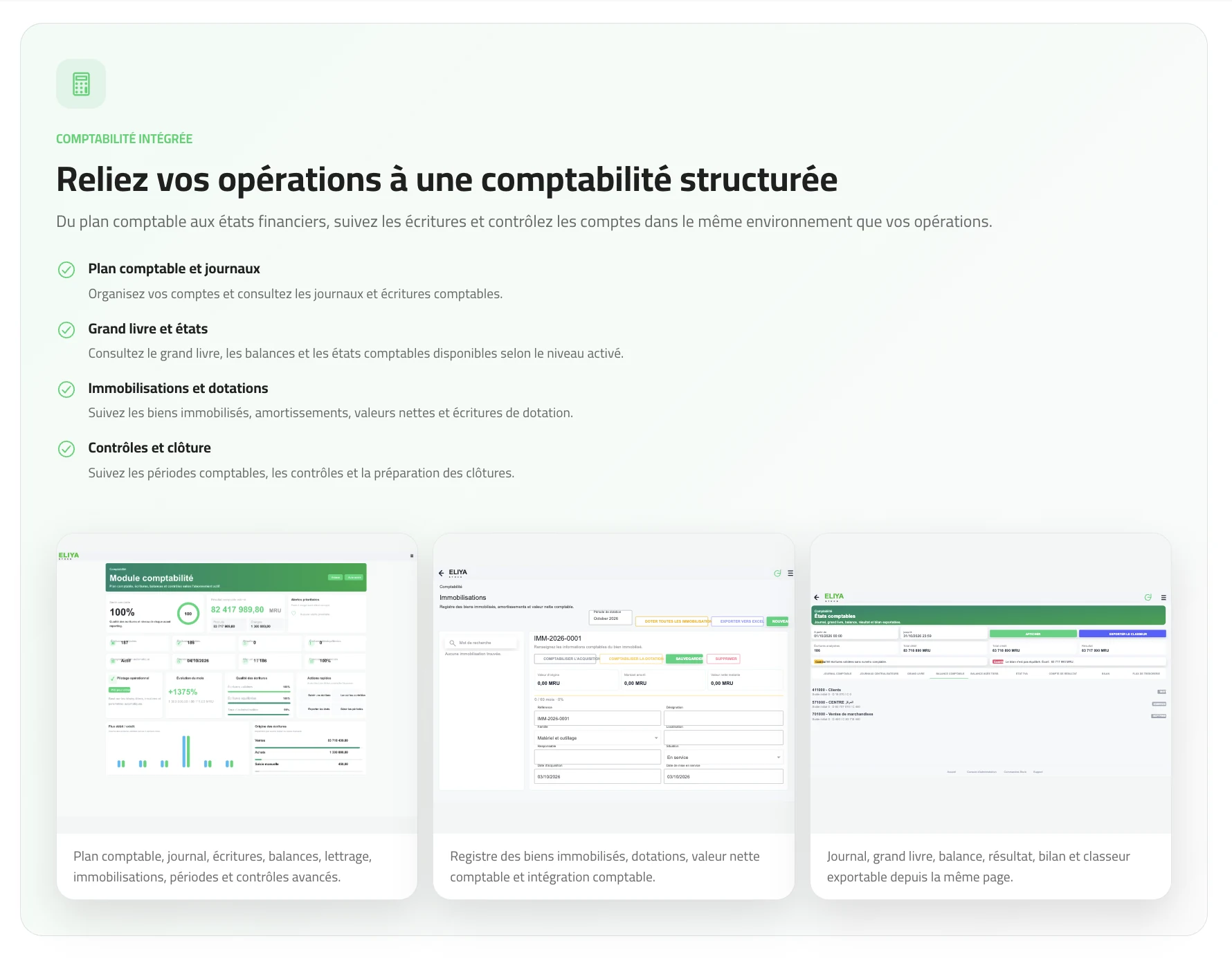 Module comptabilité ELIYA-Stock ERP : journal, écritures, balance et états