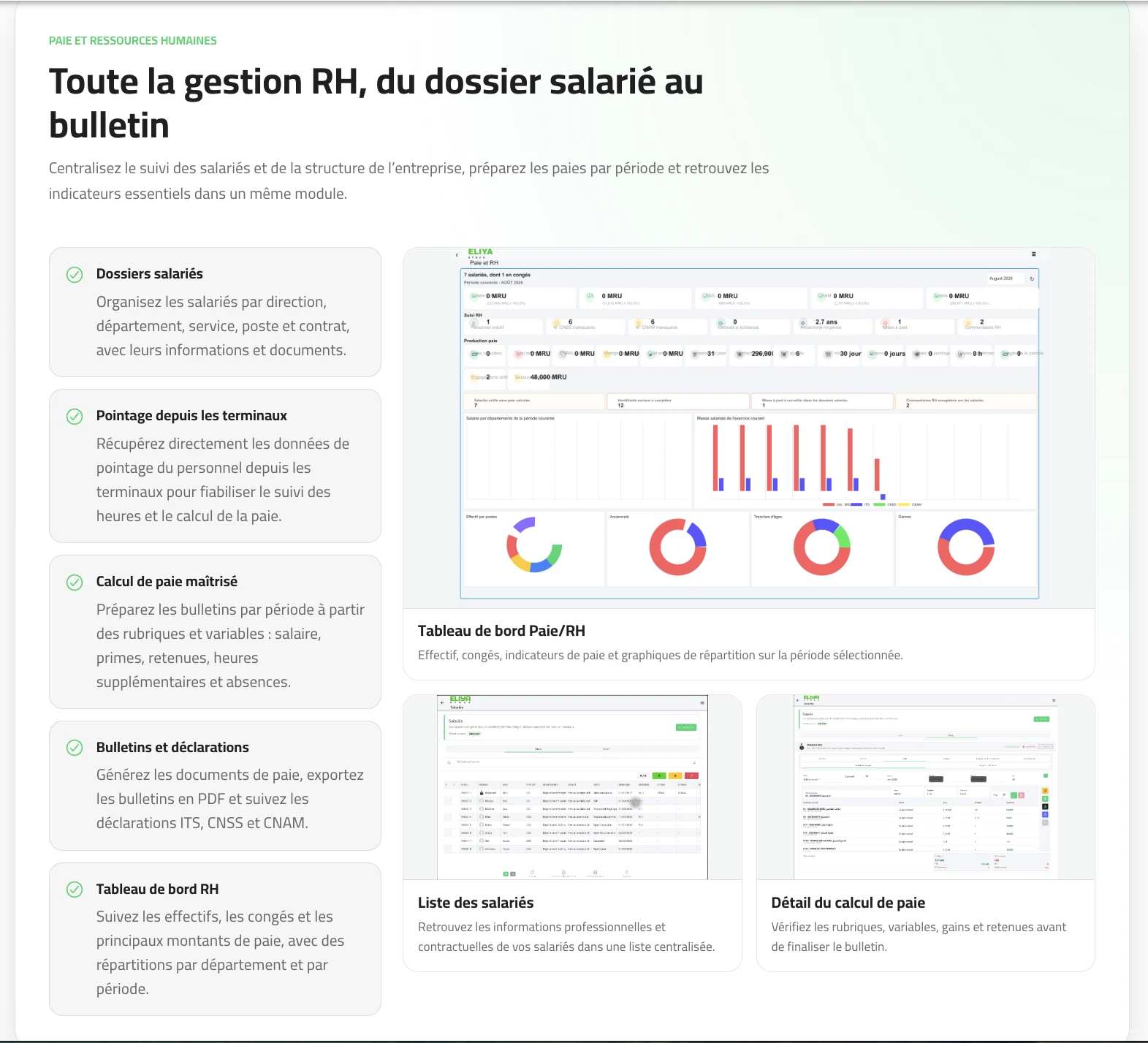 Tableau de bord Paie et RH ELIYA-Stock ERP avec salariés, pointage, calcul de paie, documents, rubriques et statistiques