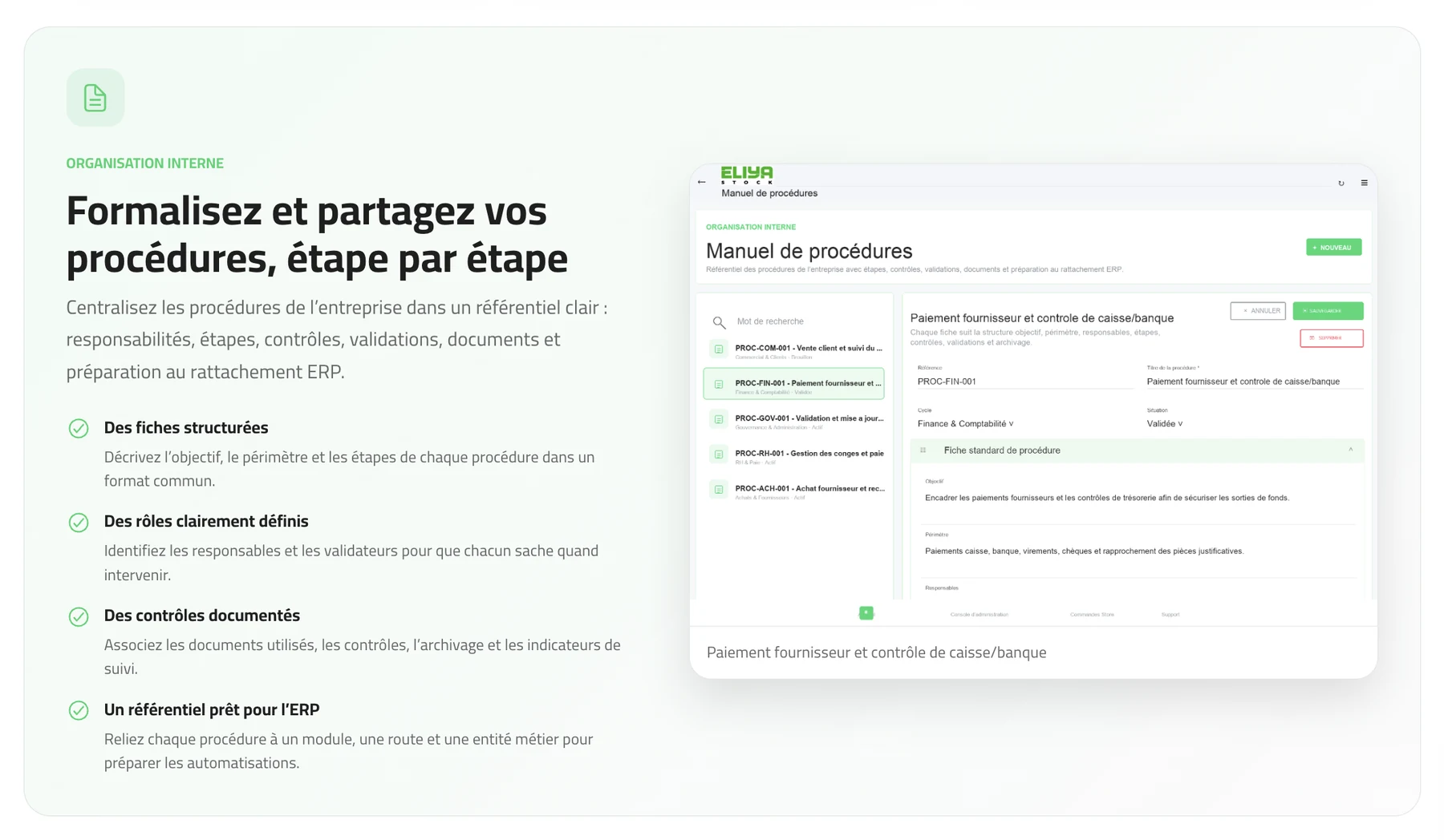 Écran du manuel de procédures ELIYA-Stock ERP, avec étapes, validations et documents de référence